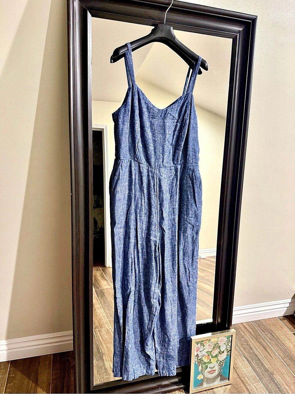 OLD NAVY Spaghetti-Strapped Linen-Blend Jumpsuit Blue Wide Leg Large